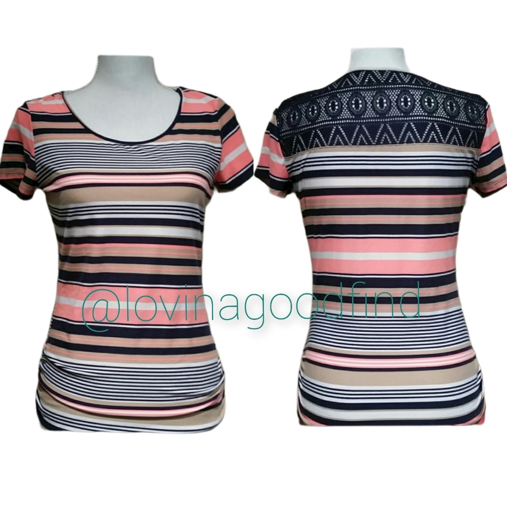 Bobbie Brooks Coral Navy Lace Back Striped Short Sleeve Top NWOT sz S